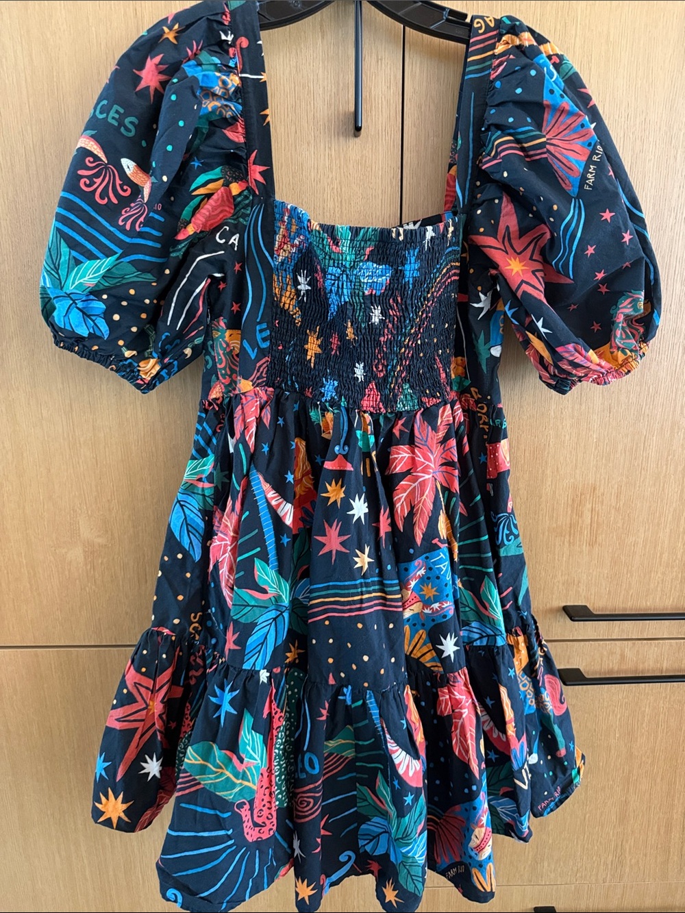 Farm Rio Zodiac Cotton Mini Dress Puff Sleeves Womens size Large - Picture 9 of 12
